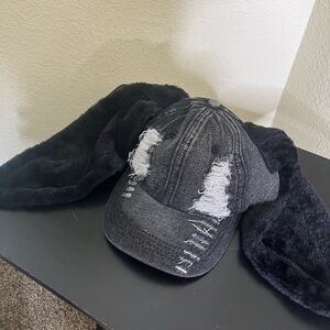 Black Distressed Denim Hat with Fluffy Ears